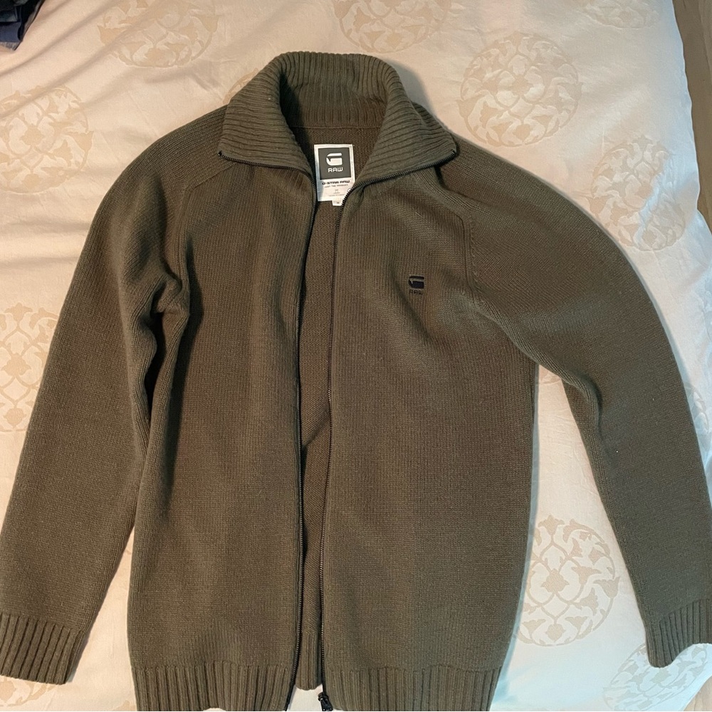 G-Star Green Zip Up Sweater with Ribbed Cuffs